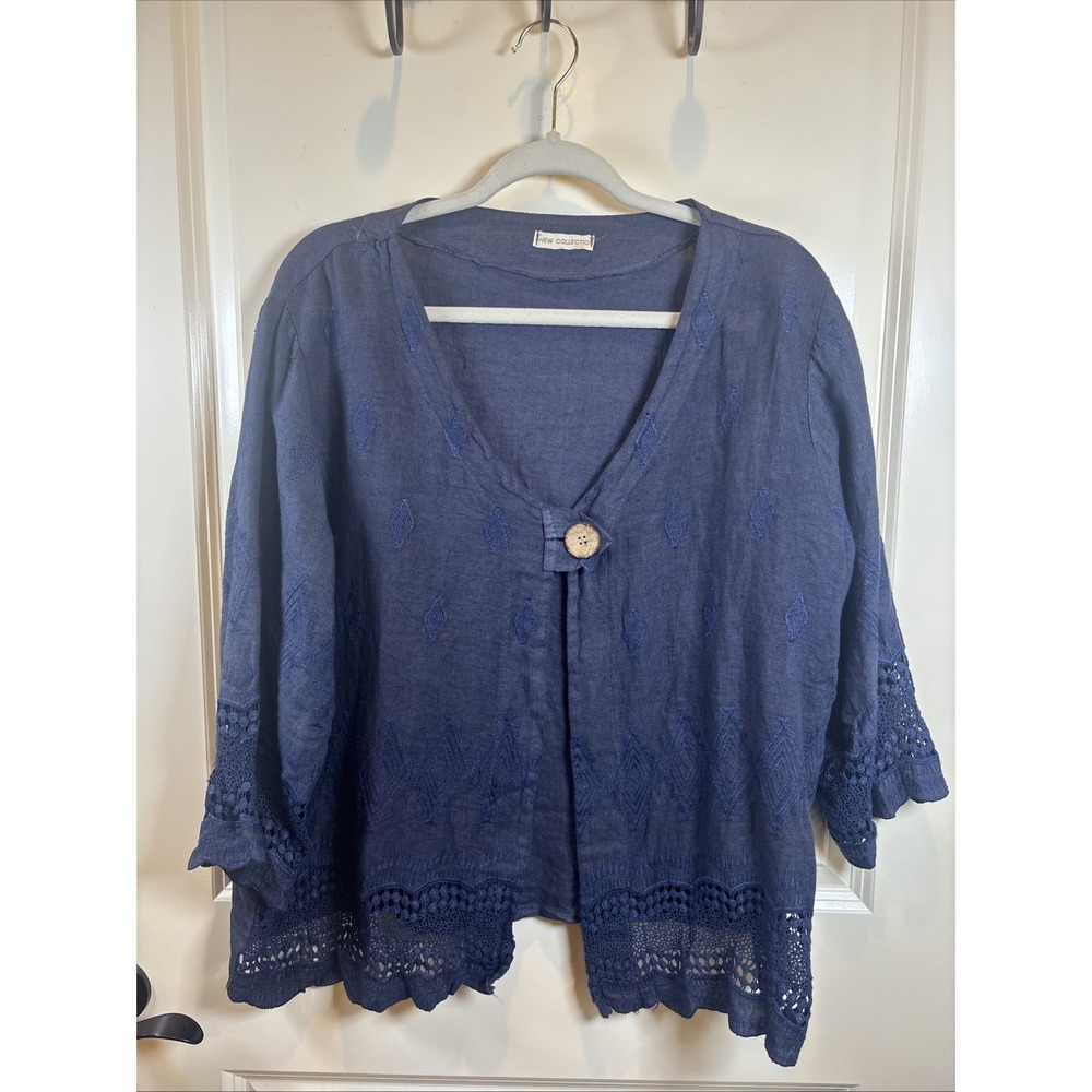 New Collection Women Shirt L/XL Navy 100% Linen Crochet Italy Minimalist Coastal